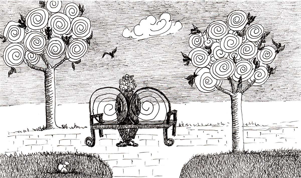 Pen and ink sketch of a woman sitting and watching the birds in the trees.